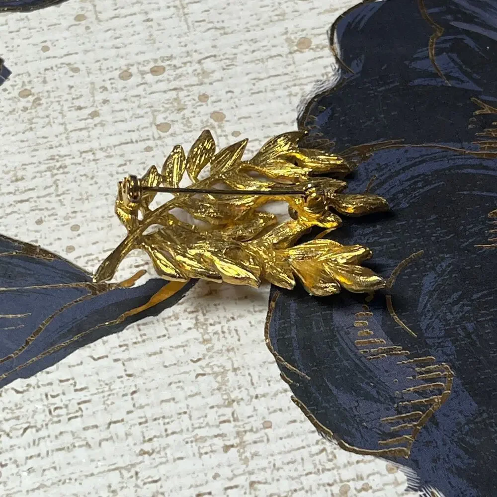 BSK Vintage Gold and Faux Pearl Leaf Brooch - Signed